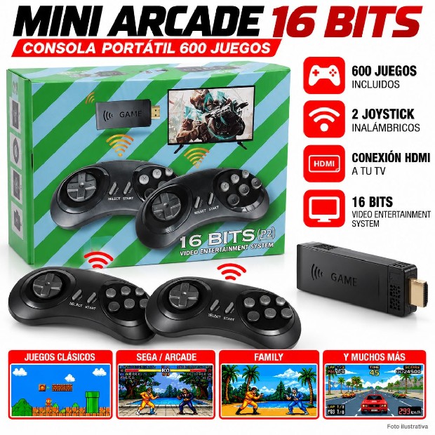 &+ CONSOLA PORTATIL MINI ARCADE 600 JUEGOS 16BITS + 2 JOYSTICK WIRELESS NIPP